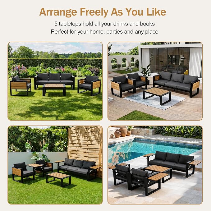 Merax Large 4-Piece Outdoor Patio Furniture Set for 5 Person, 3-Seater Sofa, 2 Armchairs with Fold-Out Side Tables, Aluminum Frame & Plastic-Wood, Modern Garden/Patio Seating, Grey Cushions