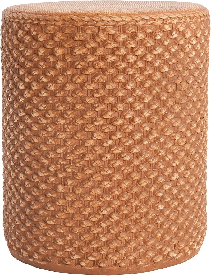 Christopher Knight Home Nataly 17.25" H Small Outdoor Side Table, Cylinder Shaped Carved Garden Stool, Lightweight Concrete End Table, Patio Decorative Home Stool for Balcony Poolside Backyard, Brown