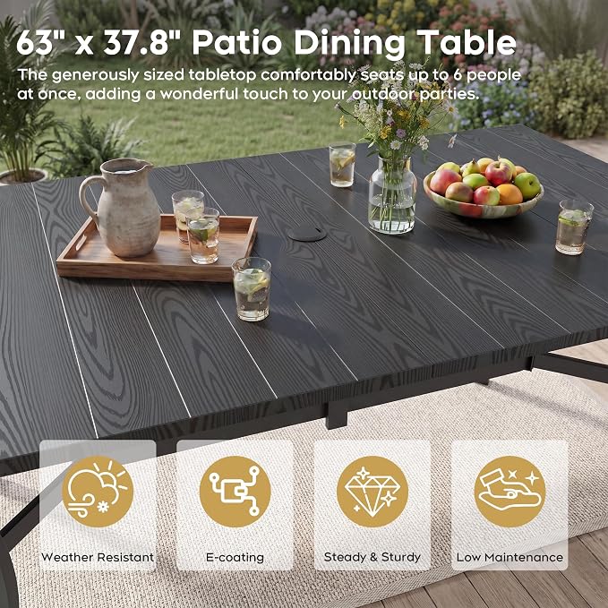 Outdoor Dining Table for 6-63" x 38" Matel Patio Table with E-Coated Finish, 1.6" Umbrella Hole for Garden, Backyard