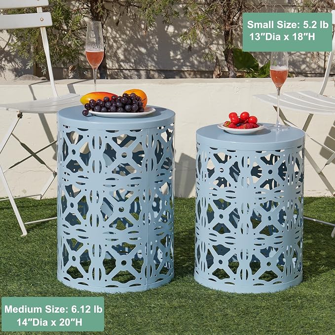 Y&M Set of 3 Metal Round Patio Side Tables, Multifunctional Coffee Table End Table for Indoor & Outdoor Garden Stool Modern Design - Blue