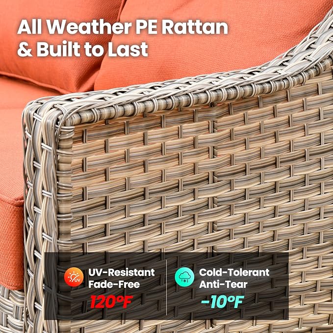 6 Piece Patio Furniture Set with Fire Pit Table, Conversation Sets with High Back Swivel Rocker Chairs, Outdoor Wicker Sofa Loveseat with Comfy Cushion for Backyard Deck Garden, Bold Orange