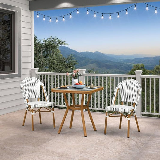 PURPLE LEAF 3-Piece French Bistro Dining Set Square Outdoor Patio Table and 2 Armless Chairs Tempered Glass Top PE Rattan Bamboo Print Finish Aluminum Frame White