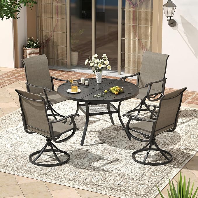 VICLLAX Patio 5 Pieces Outdoor Dining Set, 40.6" Round Metal Table with Umbrella Hole and Storage Shelf, 4 Swivel Textilene Chairs for Lawn, Garden, Porch, Black/Brown