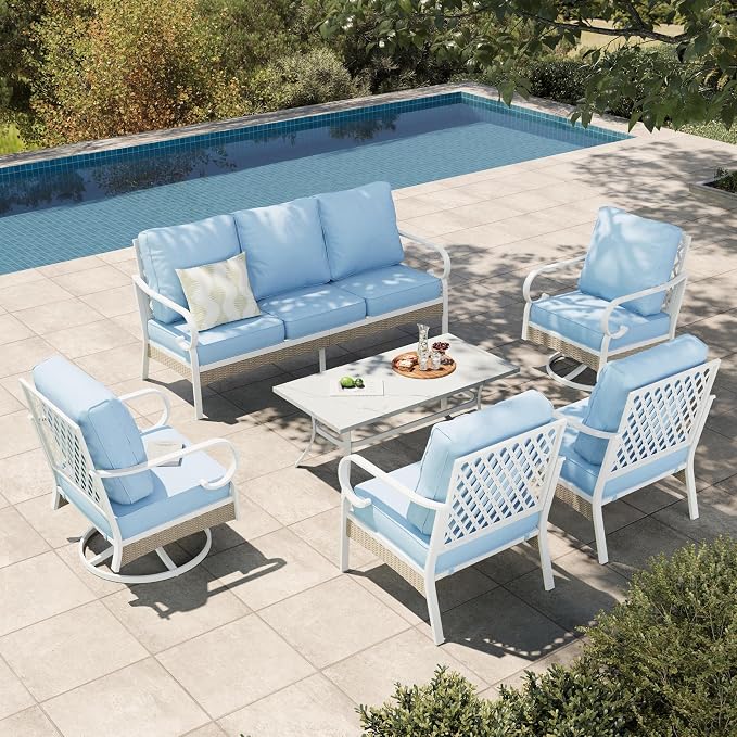 HERA'S HOUSE 6 Piece Metal Patio Furniture Set, All Weather Outdoor Conversation Set with 3-Seat Sofa, 2 Swivel Chairs, 2 Fixed Chairs & Coffee Table, 7 Seats for Backyard, Garden, Deck, White/Blue
