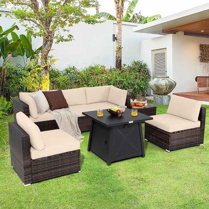 Tangkula 7 Piece Patio Furniture Set w/Fire Pit Table, Patiojoy Outdoor Rattan Conversation Sofa Set w/30 Square Propane Fire Pit Table, 50,000 BTU Heat Output, Protective Cover Included (Brown)