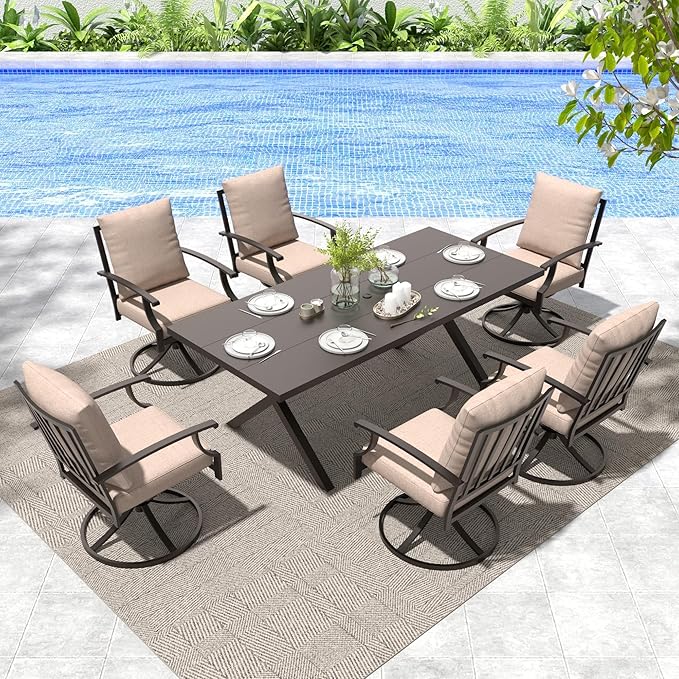 Gotland 7 Piece Outdoor Dining Set, Metal Outdoor Table and Swivel Chairs with X-Shaped Legs 1.5" Umbrella Hole, Patio Furniture Set with Waterproof Cushions, Patio Dining Sets for Backyard Deck Khaki