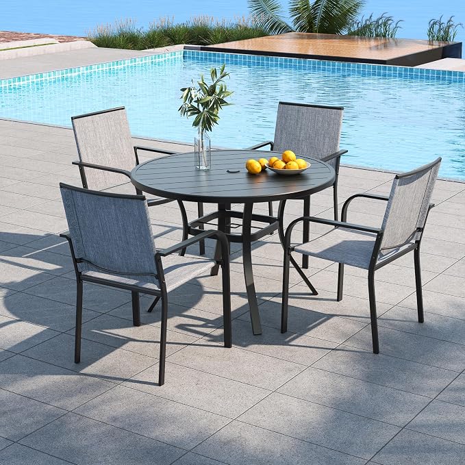 5 Piece Outdoor Patio 41" Round Metal Table and Grey Stackable Chairs Set | 4 Piece Stackable Chairs Textilene Seat and Back, Table and Chair with Metal Frame, Round Slat Table Top, 1.9" Umbrella Hole