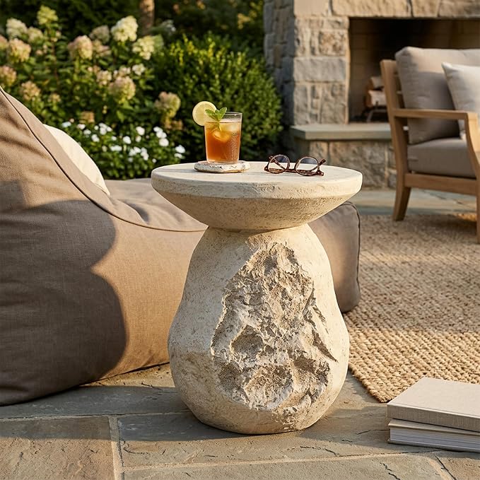 Clare Outdoor Patio MGO Side Table, Organic Pear-Shaped Accent End Table, Natural Beige Stone-Look Finish, Lightweight Sturdy Modern Side Stand for Patio Balcony Living Room Garden