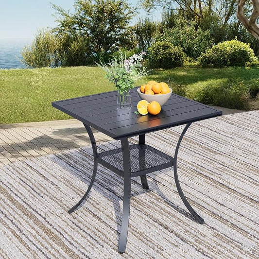 27.5'' Outdoor Patio Table with Storage Shelf, Heavy Duty 400lbs Capacity Square Metal Garden Table, All-Weather Black Tabletop for Deck, Balcony, Bistro, 2-4 Person