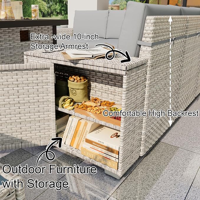 12-Piece Outdoor Patio Furniture Set, Rattan Wicker Conversation Set with Wide Armrests, Outdoor Modular Sectional Couch Seating Group Sofa for Deck Garden Porch (Gray Cushions)