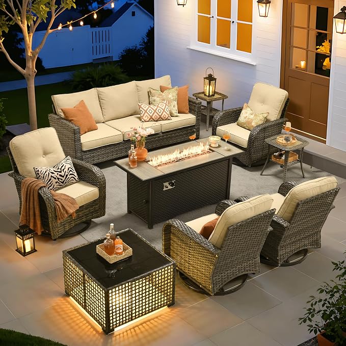 ovios 9 Pieces Patio Furniture Set, Outdoor Wicker Sofa Couch with Swivel Glider Chairs Fire Pit Table, Modern Deep Seat Rattan Conversation Sets for Deck Porch, Beige
