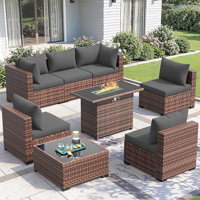 Amopatio 8 Pieces Patio Furniture Set with Fire Pit Table, Outdoor Sectional Conversation Sofa, All-Weather Wicker for Garden, Backyard, Porch, Balcony(Dark Grey)