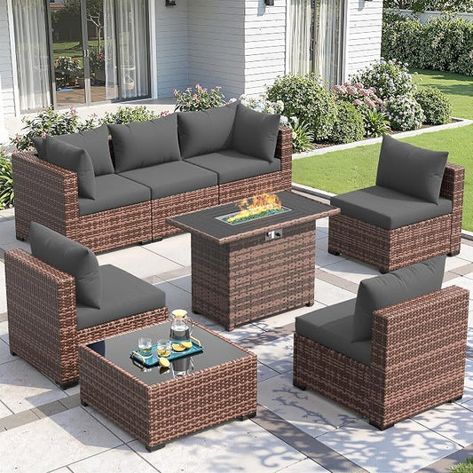 Amopatio 8 Pieces Patio Furniture Set with Fire Pit Table, Outdoor Sectional Conversation Sofa, All-Weather Wicker for Garden, Backyard, Porch, Balcony(Dark Grey)