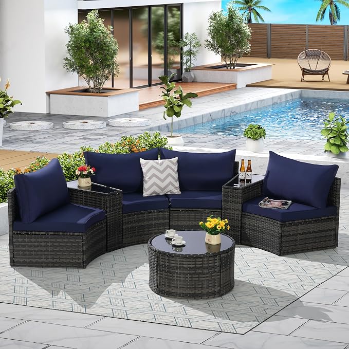 Eafurn 7 Pieces Outdoor Patio Conversation Furniture Sets All Weather Wicker PE Rattan Half-Moon Curved Sectional Sofa with Round Coffee Table, 4 Pillows & Waterproof Cover for Backyard