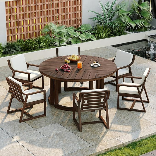 VilroCaz Acacia Wood Outdoor Dining Set for 6, All-Weather Outdoor Round Dining Table with 1.96" Umbrella Hole and 6 Armchair& Removable Cushions for Patio Backyard Pools (Mocha-2.14)