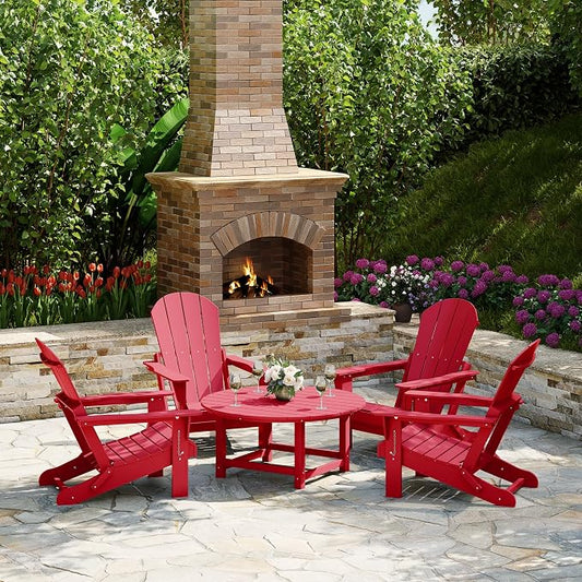 Costaelm Patio Conversation Set, 5 piece Balcony Furniture, Small Patio Firepit Furniture Outdoor Adirondack Round Coffee Table and Chair for Backyard Lawn Porch Pool Garden, Red