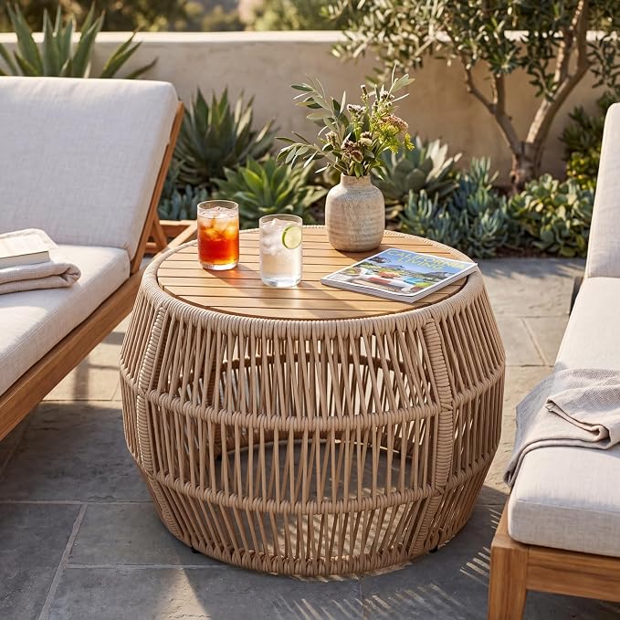 Round Acacia Wood Side Table with Light Beige Rope Frame, Teak Finish Top, 150 lbs Capacity, No Assembly Required, Weather-Resistant Accent Table for Patio Backyard Living Room