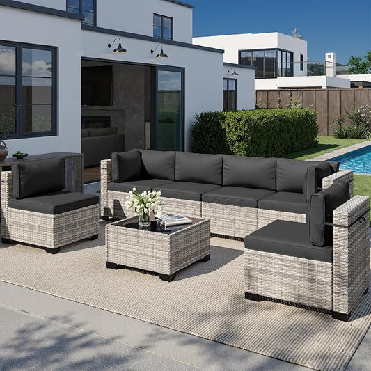 7-Piece Outdoor Patio Furniture Set, PE Wicker Rattan Sectional Sofa Conversation Set with Tempered Glass Table & Thick Cushions - All-Weather Garden, Backyard Furniture, Dark Grey