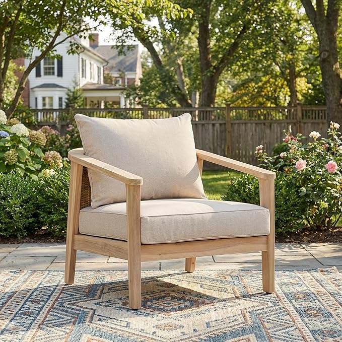 Merax 1 Piece Outdoor Acacia Wood and Wicker Club Chair, Light White Finish with Beige Cushion, Patio Garden Armchair