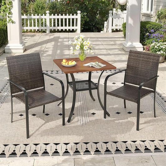 Outdoor Dining Set for 2, 28" Metal Square Outdoor Dining Table and Wicker Stackable Patio Chairs, 3 Pieces Patio Table and Chairs Set for Garden Backyard, Walnut