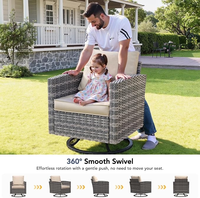 7 Pcs Outdoor Furniture with 44" Fire Pit Table, Rattan Patio Conversation Sets with Swivel Chair, Gas Fire Pit, Ottomans, Side Table, 4" Thick Cushion, for Backyard Garden Deck,Khaki