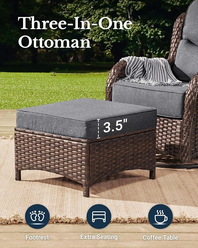 HILLGA Luxury High Back Patio Furniture Set with 6-Inch Thick Cushion, 5-Piece Outdoor Conversation Set with Loveseat, Swivel Rocker Chairs & Ottomans, Ideal for Porch Pool Deck Yard (Dark Grey)