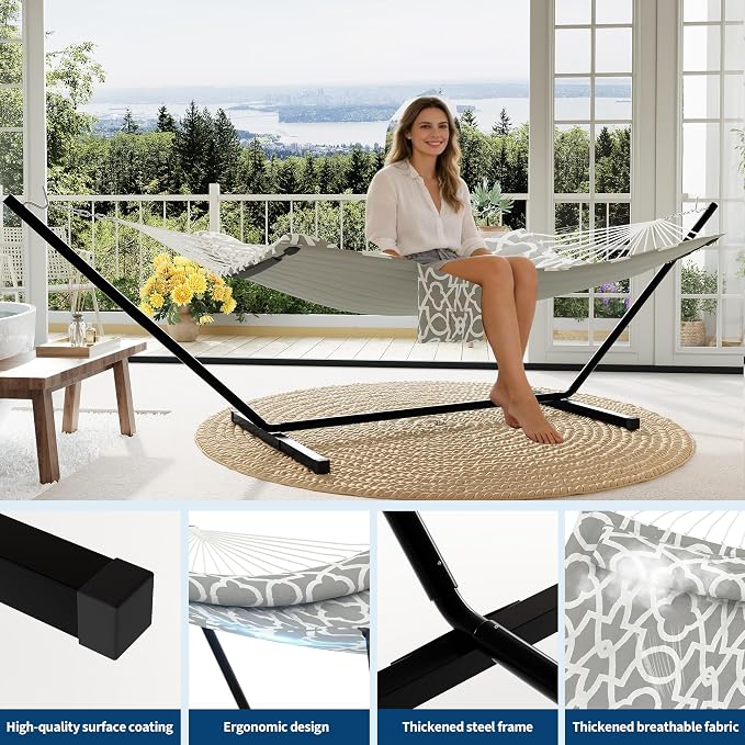 Double Hammock with Stand for 2 Persons,Outdoor Heavy Duty Hammock with Pillow & Balance Rope,450 Lbs Capacity Freestanding Hammock for Patio,Poolside Relaxation, Easy Assembly-Light Gray Pattern