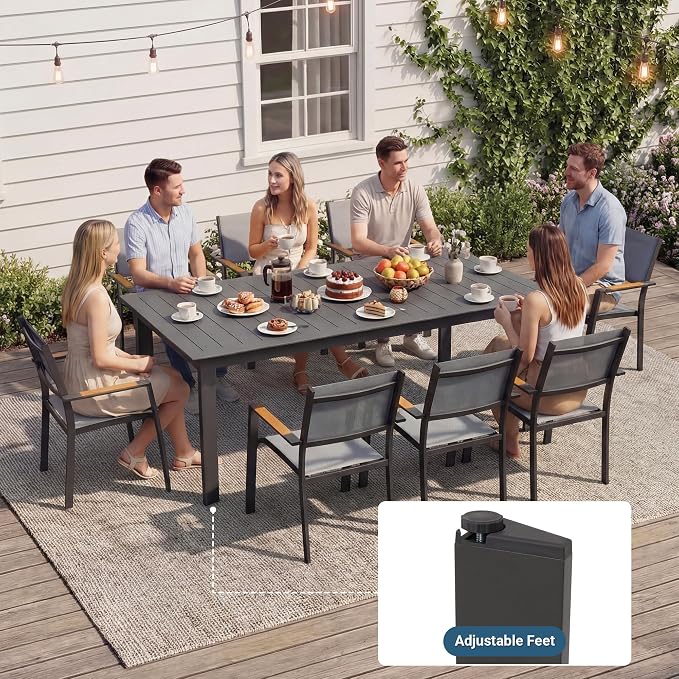 Wisteria Lane Aluminum Outdoor Patio Table and Chairs Set with 121" L-81 L Expandable Dining Table, 9-Pieces Outdoor Dining Set for 8, Patio Furniture Set with Stackable Quick Drying Chairs, Grey