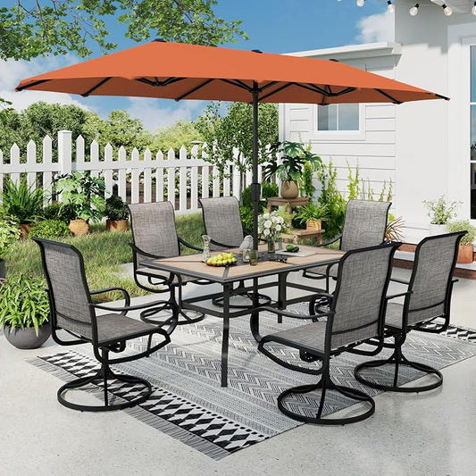 Sophia & William Patio Set with Umbrella Outdoor Dining Set for 6 with 13ft Umbrella Orange Red, 6 x Patio Chairs Brown, 1 Wood Like Outdoor Dining Table for Deck Lawn Garden (No Umbrella Base)