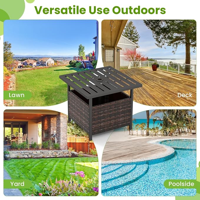 Patio Side Table with Umbrella Hole, 22" Rattan Wicker Umbrella Stand Table, Outdoor End Table for Patio, Garden, Poolside & Yard (Mix Brown)