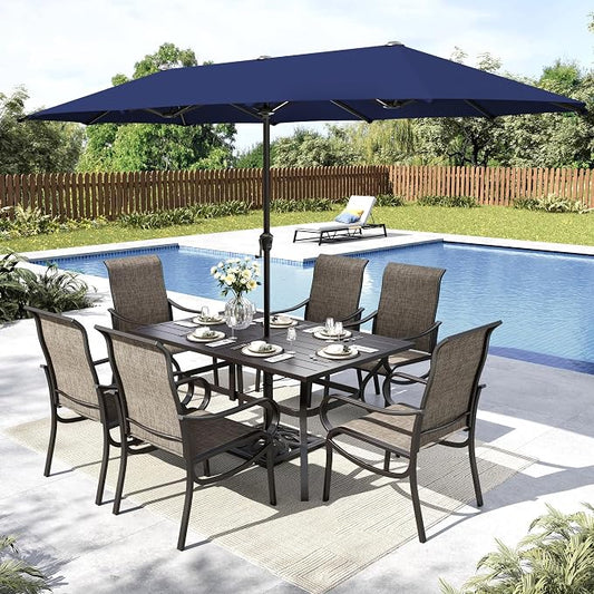 MFSTUDIO Outdoor Dining Set with Umbrella, Patio Dining Set for 6 Persons, Patio Furniture Set with Rectangle Table & Textilene Chairs & Navy Blue Umbrella (Base not Included)