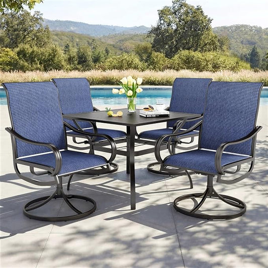 PHI VILLA 5 Pcs Patio Dining Set for 4, Swivel Mesh Chairs, Blue | 4 textilene dining chairs. 37" metal square table with umbrella hole, all weather E-coated metal frame for outdoor deck lawn