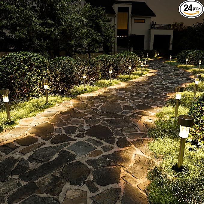 SOLPEX 24 Pack Solar Lights Outdoor, Stainless Steel Solar Pathway Lights | Solar Lights Outdoor Waterproof ,LED Landscape Lighting Walkway for Landscape/ Patio/Lawn/Yard/Driveway-Warm White