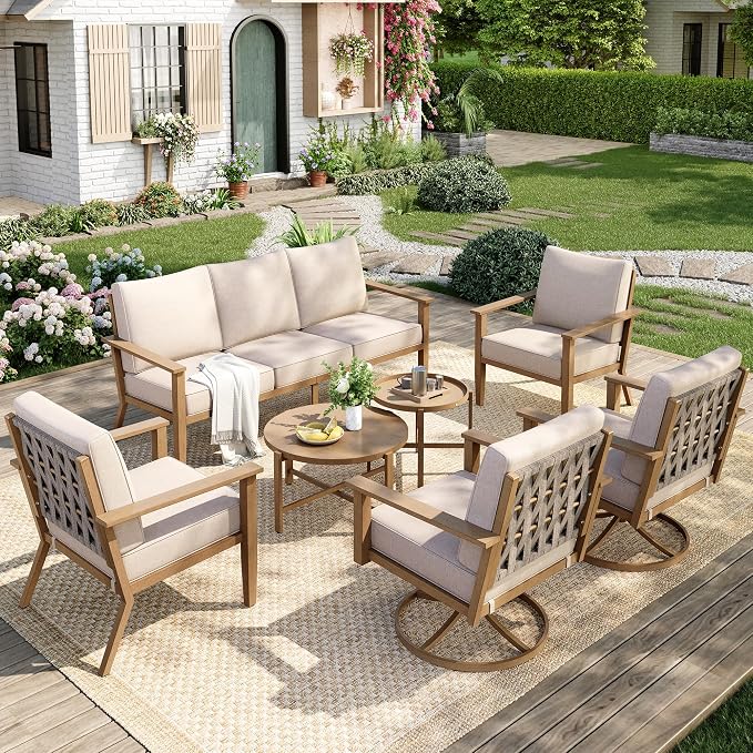 MIXPATIO 7-Piece Patio Outdoor Conversation Furniture Set with Dual Swivel/Stationary Chairs, Steel Modern Outdoor Patio Conversation Sets with Thick Cushions for Porch, Balcony, Backyard-Beige