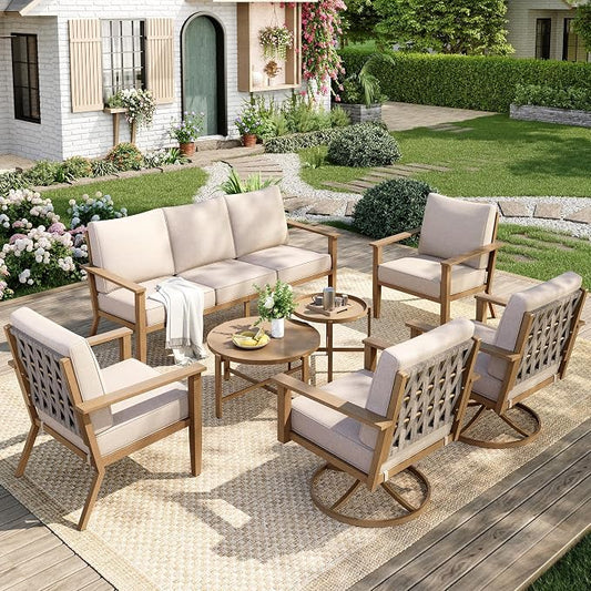 MIXPATIO 7-Piece Patio Outdoor Conversation Furniture Set with Dual Swivel/Stationary Chairs, Steel Modern Outdoor Patio Conversation Sets with Thick Cushions for Porch, Balcony, Backyard-Beige