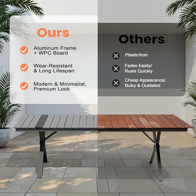 Pellebant 94" Outdoor Dining Table for 8-10, 8ft Aluminum Patio Table with Umbrella Hole, Weather Resistant Grey Wood Grain Tabletop and Sturdy Frame for Deck, Porch, Backyard
