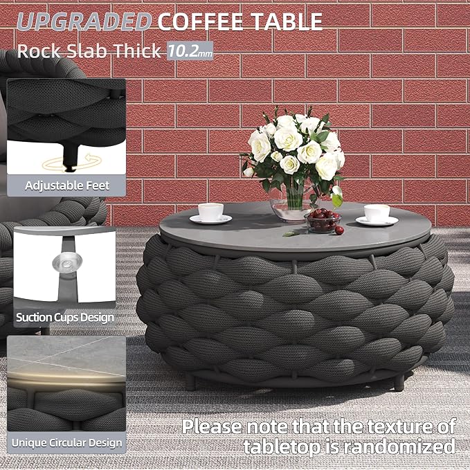 TWT Outdoor Coffee Table Round Centerpiece Table, Lightweight Accent Table with Hand Woven Rope Decor for Garden and Patio(Polyester Rope, Dark Grey)