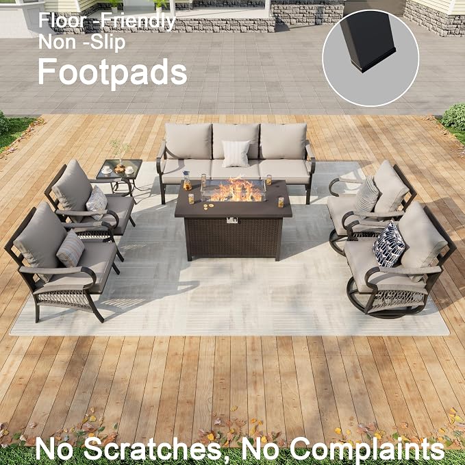 7 Pieces Patio Furniture Set, Metal Outdoor Conversation Sets with Fire Pit Table and Swivel Chairs for Backyard Garden Deck Porch Poolside (Thick Beige Cushions)