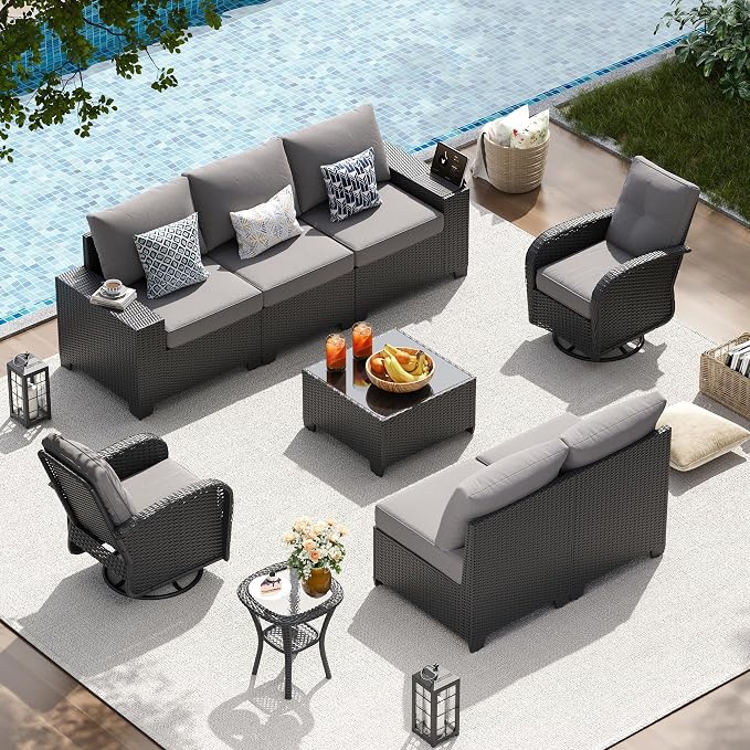 LazySunsets 9 PCS Patio Furniture Set, Outdoor Sectional All-Weather Wicker Conversation Set with Swivel Rocker Chairs, 4'' Thick Cushions for Backyard Poolside(Crey/Black)