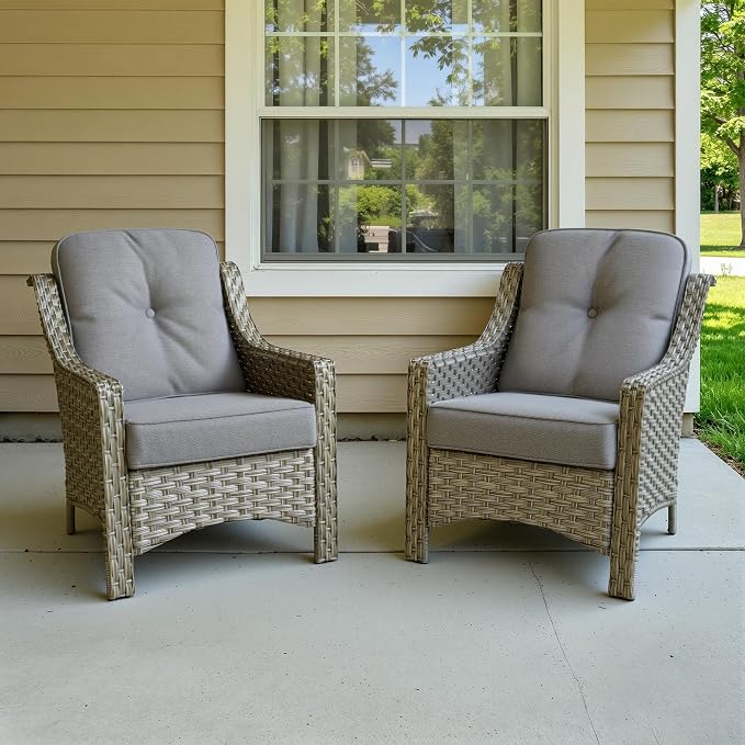 2 Piece Patio Furniture Set, Outdoor Wicker Chairs Set of 2 with Thick Cushion, Heavy Duty High Back Comfortable Chair for Small Balcony Porch Garden, Dark Gray