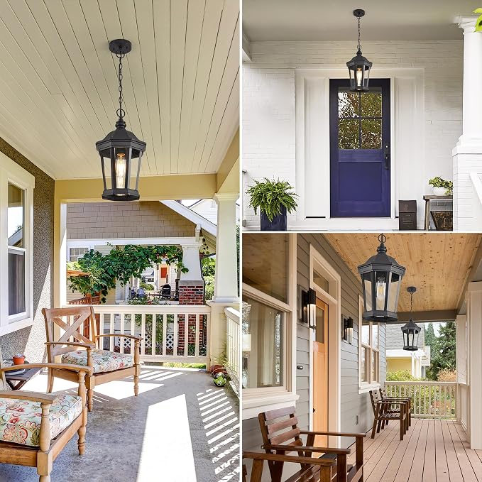 Large Outdoor Pendant Light 17.9" Black Hanging Lantern Lights