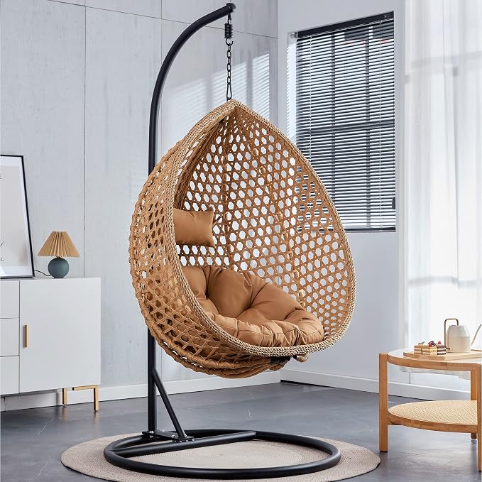 Hanging Egg Swing Chair with Stand, Rattan Wicker Hanging Egg Chair Hammock Indoor with Cushions, Swinging Chair for Bedroom Outdoor Patio Balcony Backyard Sunroom Heavy Duty 350LBS (Yellow)
