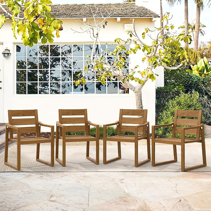 Cozyman HDPS Outdoor Dining Chairs Set of 4, 350LBS, Patio Dining Chairs with Armrest, All Weather Outdoor Kitchen Chairs with Square Frame Legs for Outdoor Indoor, Backyard, Teak Color-Oil Printed