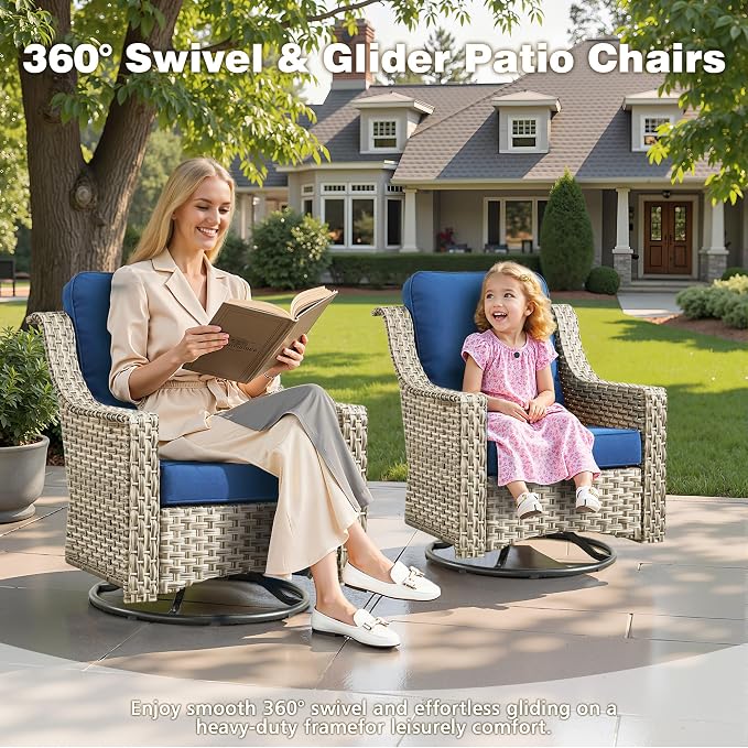 CAODOC 11 Pieces Outdoor Patio Furniture Set, Rattan Wicker Sectional Swivel Rocker Chairs Sets with Fire Pit, Swivel Glider Chairs, and Solar Powered Table