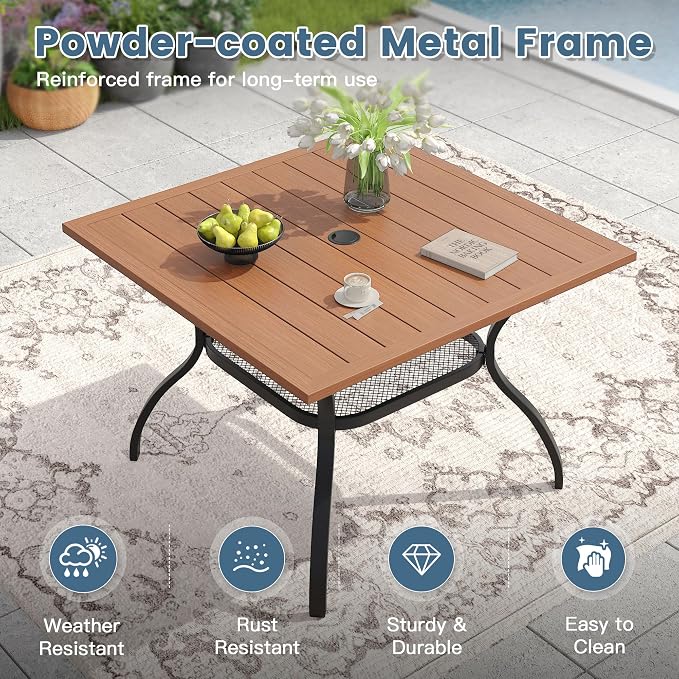 DIFY Outdoor Dining Table, Patio Square Metal Dining Table with 1.57" Umbrella Hole for 4 Person, Ideal for Poolside, Deck, Garden and Balcony, Walnut