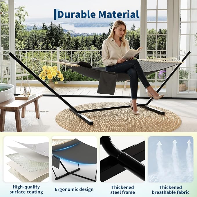 2-Person Hammock with Stand for Outside - Portable Heavy Duty Outdoor Double Hammock - Adjustable Steel Frame, 500 LBS Capacity, for Patio Garden Backyard & Beach