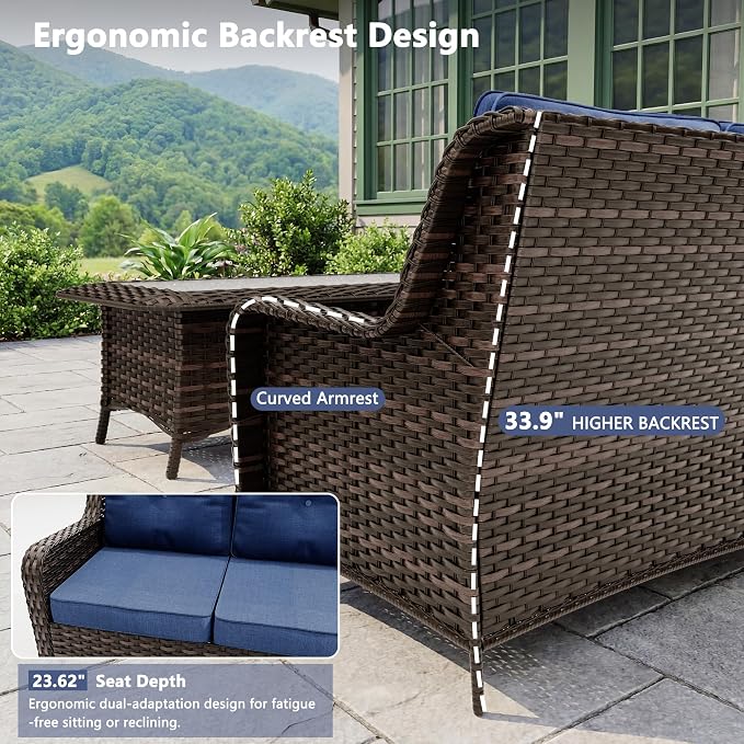 Outdoor Patio Furniture Set,7 Pieces 7 Seats Outdoor Sectional Furniture All Weather Thick PE Rattan Wicker Patio Conversation Set with Ottoman & Coffee Table,Swivel Rocking Chairs Set,Navy Blue