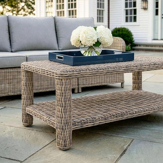 Martha Stewart Lily Pond Rattan Wicker Indoor-Outdoor Patio Coffee Table with Lower Storage Shelf in Weathered Gray