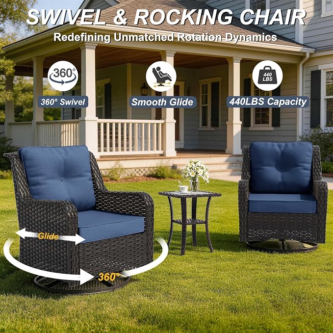 7-Piece Patio Furniture Set, Thick Wicker Outdoor Furniture Set with 2 Swivel Chairs, Outdoor Sectional Sofa with Fire Pit Table, Patio Conversation Set for Backyard, Porch, Deck, Dark Blue
