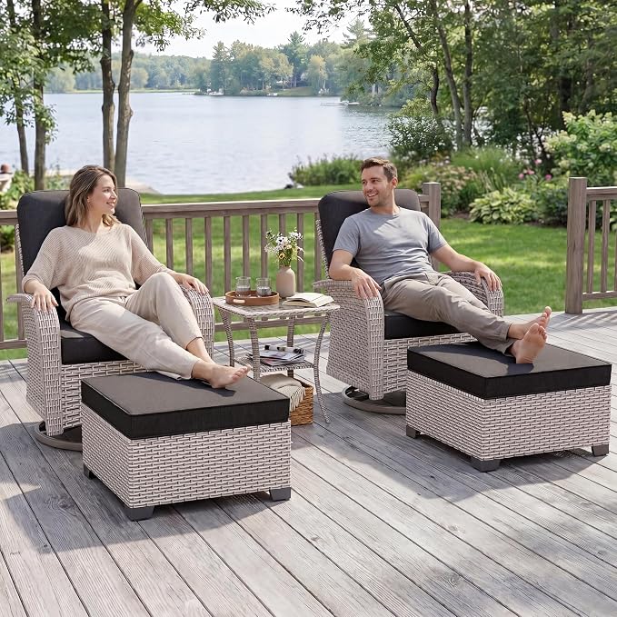 5-Piece Patio Furniture Set, Outdoor Swivel Rocking Chairs Set with Ottomans,All Weather Conversation Set for Porch Poolside Balcony,Black